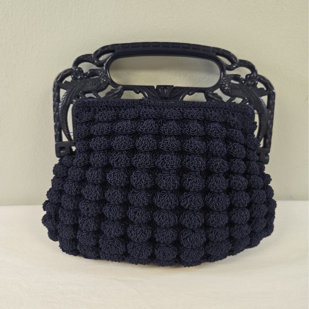Vintage Crocheted Handbag Navy Blue With Detailed Carved Handle Peacock Small
